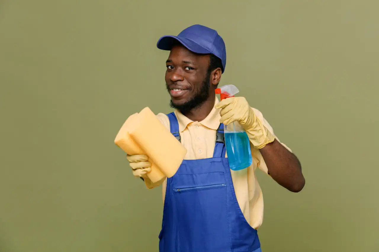 Pleased holding cleaning agent with sponge young africanamerican cleaner male uniform with gloves isolated green background